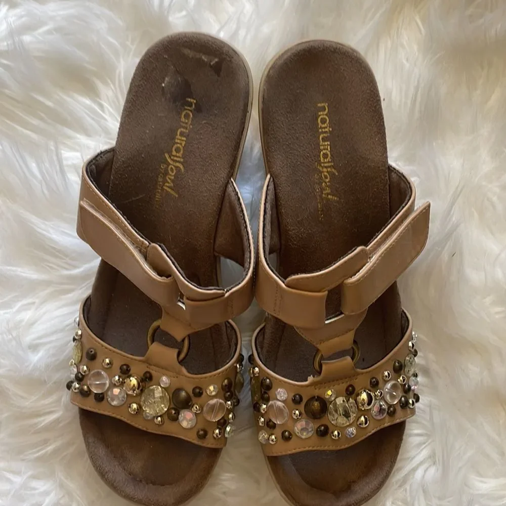 Natural Soul Tan Cream gemstone slip on sandals with Velcro side …